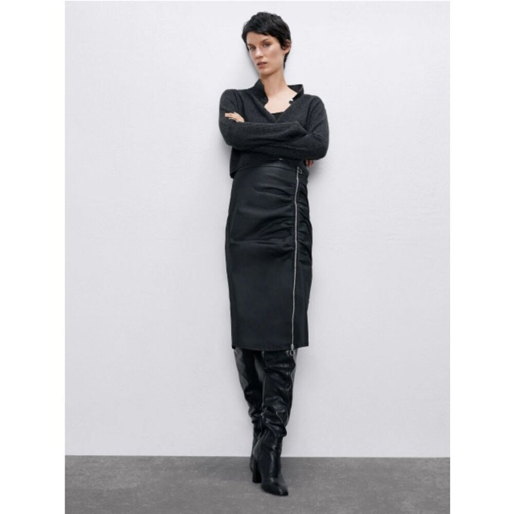 Black Coated Zara Side Zip Straight Pencil Midi Skirt (NWT)